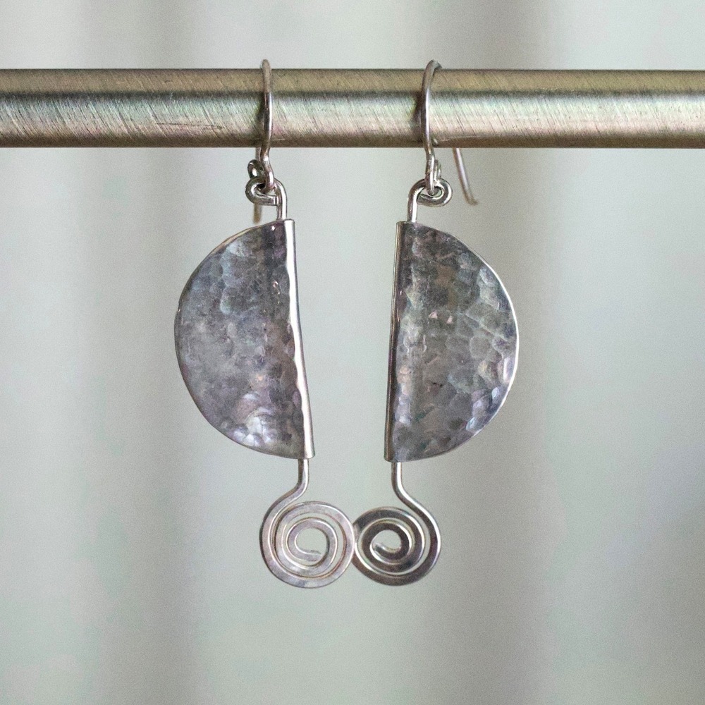 Sterling Silver Hammered Half Moon Spiral Drop Earrings Artisan Modernist 925